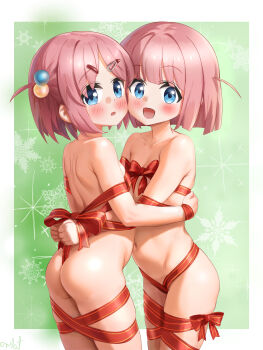 2girls absurdres aged_down ass bdsm blue_eyes blush bocchi_the_rock! bondage bound christmas embarrassed flatculture from_behind gift gotoh_futari gotoh_hitori hair_ornament happy highres hug loli looking_at_viewer multiple_girls naked_ribbon pink_hair red_ribbon ribbon ribbon_bondage simple_background wedgie