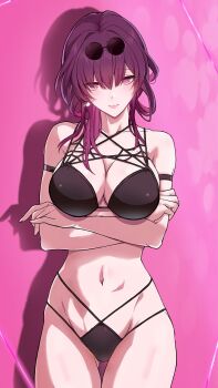 1girl bikini black_bikini breasts cleavage collarbone crossed_arms earrings eyewear_on_head highres honkai:_star_rail honkai_(series) jewelry kafka_(honkai:_star_rail) large_breasts pink_background purple_eyes purple_hair round_eyewear saint_laurent_paris shadow single_earring solo sunglasses swimsuit thigh_strap