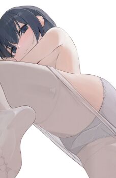1girl black_eyes black_hair blush breasts closed_mouth clothes_pull commentary from_below grey_panties highres hiroki_(yyqw7151) looking_at_viewer medium_breasts original panties pantyhose pantyhose_pull simple_background soles solo toes topless_female underwear white_background white_pantyhose
