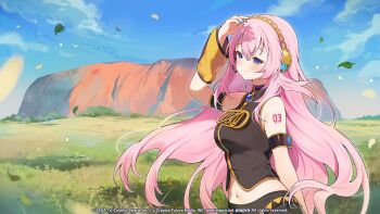 1girl arm_behind_back arm_cuffs arm_tattoo australia bare_shoulders belt blue_sky breasts brooch cloud commentary copyright_notice crop_top day detached_sleeves english_commentary falling_leaves falling_petals floating_hair from_side gem gold_trim grass guest_art hair_between_eyes hand_up headphones headset high_collar highres jewelry large_breasts leaf long_hair looking_at_viewer megurine_luka microphone midriff nail_polish navel number_tattoo official_art outdoors petals pink_hair project_sekai purple_eyes purple_gemstone real_world_location second-party_source shirt sidelocks single_detached_sleeve sky sleeveless sleeveless_shirt smile solo tattoo turning_head uluru upper_body very_long_hair vocaloid wind yellow_sleeves yenkoes