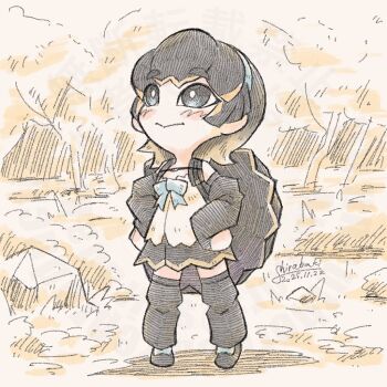 1girl belt black_eyes black_hair black_skirt blush closed_mouth elbow_gloves full_body gloves hairband kemono_friends outdoors ribbon shirabaki shirt shoes short_hair skirt solo thighhighs turtle_shell western_santa_cruz_giant_tortoise_(kemono_friends) white_shirt