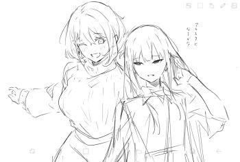 2girls art_program_in_frame blush greyscale hair_between_eyes highres kanadate_ruri kanade_(kanade_3344) long_hair long_sleeves monochrome multiple_girls one_eye_closed open_mouth original short_hair sidelocks simple_background sketch sweater white_background yahazu_tobira