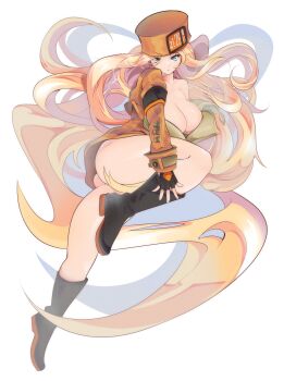 1girl absurdres ass black_boots blonde_hair blue_eyes boots breasts cleavage full_body guilty_gear hat highres large_breasts long_hair millia_rage molu_(molu-molu) orange_hat simple_background single_bare_shoulder solo very_long_hair white_background