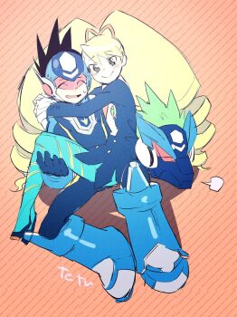 1girl 2boys bad_id bad_twitter_id blonde_hair blue_dress blue_pantyhose blush closed_eyes dress drill_hair geo_stelar_(mega_man) heart heart_in_eye helmet highres long_hair luna_platz_(mega_man) mega_man_(series) mega_man_star_force_(series) multiple_boys omega-xis_(mega_man) orange_background pantyhose signature smile star_force_mega_man striped_clothes striped_pantyhose symbol_in_eye tetsu_(teppei) twin_drills very_long_hair