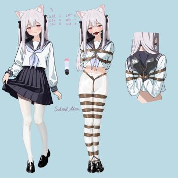 1girl absurdres arms_behind_back ball_gag bdsm black_ribbon blush bondage bound bound_arms bound_legs collarbone crotch_rope drooling gag gagged highres loafers long_hair looking_at_viewer midriff_peek multiple_views navel original pantyhose pink_eyes pleated_skirt restrained ribbon sailor_collar salted_moon shibari shibari_over_clothes shirt shirt_overhang shoes skindentation skirt smile standing stomach thigh_gap twintails white_hair white_pantyhose white_shirt wiffle_gag