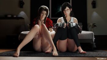 2girls 3d absurdres aerith_gainsborough anus artist_name ass bare_arms bare_shoulders bed bedroom black_hair black_legwear bottomless braid brown_hair carpet clitoral_hood clitoris closed_mouth drawer earrings feet female_focus final_fantasy final_fantasy_vii final_fantasy_vii_remake fingerless_gloves floor glasses gloves green_eyes hands_on_legs hands_on_own_knees highres indoors jacket jewelry pussy legs long_hair looking_at_viewer multiple_girls nail_polish necklace no_panties nude painting_(object) parted_bangs partially_undressed plant presenting_pussy pussy red_eyes sitting solidsnack square_enix thighhighs thighs tifa_lockhart toenails toes weapon wooden_floor