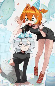 Rule 34 | 2girls, :3, absurdres, arm support, black choker, black shirt, blush, candle, choker, closed mouth, drooling, fishnet pantyhose, fishnets, fork, green eyes, green hair, grey eyes, grey hair, hair bobbles, hair intakes, hair ornament, hat, highres, holding, holding fork, long hair, long sleeves, mouth drool, multicolored hair, multiple girls, open mouth, orange hair, original, pantyhose, parasoru buruu, party hat, red hair, seiza, shirt, short sleeves, sitting, smile, t-shirt, tongue, two-tone hair, x hair ornament