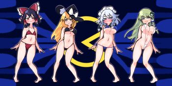 4girls bikini black_bikini black_hair blonde_hair blue_bikini blue_eyes blush bow braid breasts bright_pupils brown_eyes closed_mouth collarbone commentary_request embarrassed flat_chest frog_hair_ornament frown full_body gram_9 green_eyes green_hair hair_ornament hair_ribbon hair_tubes hakurei_reimu hat highres huge_breasts izayoi_sakuya kirisame_marisa kochiya_sanae large_breasts legs long_hair maid_headdress medium_breasts medium_hair midriff multiple_girls navel one-piece_swimsuit open_mouth pac-man_(game) parody parted_lips red_bikini red_bow ribbon side-tie_bikini_bottom single_hair_tube smile snake_hair_ornament string_bikini swimsuit thighs touhou twin_braids white_hair white_one-piece_swimsuit white_pupils witch_hat yellow_eyes