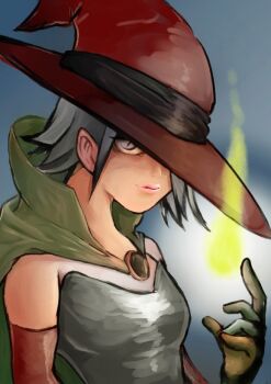 Rule 34 | 1girl, alternate color, alternate hair color, black gem, black robe, breasts, cape, commentary, dragon quest, dragon quest iii, elbow gloves, fire, fireball, gem, gloves, glowing, green cape, grey eyes, grey hair, hat, kodax2000, lipstick, looking at viewer, mage (dq3), magic, makeup, medium hair, one eye covered, pink lips, red gloves, red hat, robe, slit pupils, small breasts, solo, witch hat