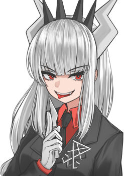 1girl absurdres black_suit collared_shirt commentary demon_girl demon_horns english_commentary fangs formal_clothes gloves helltaker highres horns long_hair looking_at_viewer lucifer_(helltaker) open_mouth red_eyes red_shirt ruo1001 shirt smile solo suit tongue tongue_out upper_body white_gloves