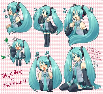Rule 34 | 1girl, ^^^, aqua necktie, argyle background, argyle clothes, arms at sides, beamed quavers, black thighhighs, blouse, boots, collared shirt, detached sleeves, full body, green eyes, green hair, hachune miku, hair ornament, hairclip, hatsune miku, headphones, jpeg artifacts, kneeling, leekspin (meme), long hair, meme, miku miku ni shite ageru (vocaloid), mochiya marosuke, multiple views, music, musical note, necktie, own hands clasped, own hands together, quaver, shirt, singing, sitting, sleeveless, sleeveless shirt, spring onion, tattoo, thigh boots, thighhighs, translation request, twintails, very long hair, vocaloid, zettai ryouiki