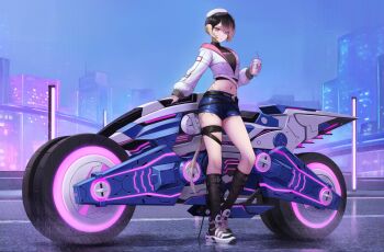 1girl absurdres au_ra belt black_hair black_shirt black_socks blue_eyes blue_shorts cityscape commentary commission crop_top cropped_jacket cup day dragon_horns dragon_tail final_fantasy final_fantasy_xiv gradient_hair hat heterochromia highres holding holding_cup horns jacket kcar66t kneehighs long_sleeves looking_at_viewer midriff motor_vehicle motorcycle multicolored_hair navel outdoors pink_eyes shirt shoes short_hair short_shorts shorts socks solo stomach tail thigh_strap thighs warrior_of_light_(ff14) white_hat white_jacket