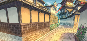 architecture bamboo_fence cityscape commentary_request day east_asian_architecture fence flower highres morning_glory nagi_itsuki no_humans original outdoors pavement pink_flower pixiv_fantasia pixiv_fantasia_age_of_starlight road scenery standing street trellis