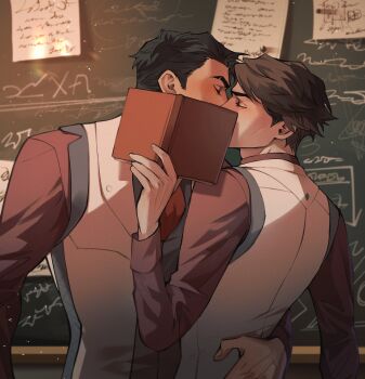 2boys absurdres arcane:_league_of_legends arcane_jayce black_hair book brown_hair brown_shirt closed_eyes geru_(shigeru13_pm) hand_on_another's_back highres holding holding_book jayce_(league_of_legends) kiss league_of_legends male_focus multiple_boys necktie open_book shirt short_hair sideburns upper_body vest viktor_(arcane) viktor_(league_of_legends) white_vest yaoi