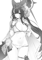 Rule 34 | 1girl, animal ear fluff, animal ears, bikini, blue archive, breasts, cowboy shot, flower, fox ears, fox girl, fox tail, greyscale, hair flower, hair ornament, halo, hands on own chest, highres, jun project, large breasts, long hair, looking at viewer, monochrome, navel, parted lips, simple background, solo, stomach, swimsuit, tail, thigh strap, very long hair, wakamo (blue archive), wakamo (swimsuit) (blue archive), white background