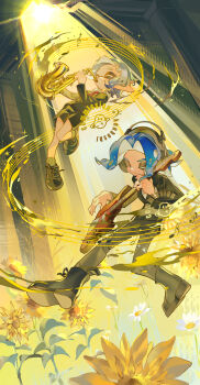 Rule 34 | 1boy, 1girl, black jacket, black pants, black shoes, black shorts, blue hair, closed eyes, collared shirt, commission, floating, flower, full body, gradient hair, grey hair, guitar, headphones, highres, holding, holding guitar, holding instrument, holding saxophone, inkling, inkling girl, inkling player character, instrument, jacket, long pointy ears, long sleeves, medium hair, multicolored hair, music, neckerchief, nintendo, octoling, octoling boy, octoling player character, pants, parted bangs, playing guitar, playing instrument, pointy ears, red neckerchief, saxophone, shirt, shoes, short hair, shorts, socks, splatoon (series), ssbaby, sunflower, teardrop facial mark, tentacle hair, white shirt, white socks, yellow flower