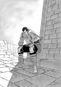 1boy 913kousatu absurdres armor boots breastplate brick_wall buzz_cut cliff closed_eyes closed_mouth commentary_request crestfallen_warrior dark_souls_(series) dark_souls_ii full_body gauntlets greyscale highres in-universe_location male_focus monochrome outdoors own_hands_together pants shirt short_hair sitting solo very_short_hair