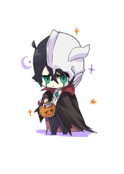 1boy arrancar black_hair bleach bram_stoker&#039;s_dracula broken_helmet candy cape chibi closed_mouth colored_sclera colored_skin cosplay dracula dracula_(cosplay) e_costume facial_mark fake_horns food green_eyes green_sclera hair_between_eyes halloween halloween_bucket halloween_costume helmet highres hishui_prpr holding hollow_(bleach) horned_helmet horns jack-o&#039;-lantern long_hair long_sleeves looking_at_viewer male_focus short_hair simple_background solo trick_or_treat ulquiorra_cifer vampire vampire_costume white_background white_skin