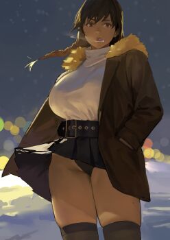 1girl belt belt_buckle black_belt black_panties black_skirt black_thighhighs braid breasts brown_coat brown_eyes brown_hair buckle coat commentary dark-skinned_female dark_skin english_commentary frontal_upskirt fur-trimmed_jacket fur_trim hand_in_pocket highres hintobento huge_breasts jacket long_hair looking_at_viewer miniskirt mole mole_on_thigh open_clothes open_coat original outdoors panties pleated_skirt skirt smoking snow solo standing sweater thighhighs turtleneck turtleneck_sweater underwear white_sweater wind wind_lift