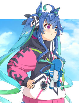 Rule 34 | 1girl, @ @, ahoge, animal ears, asymmetrical sleeves, black jacket, black nails, blue eyes, blue hair, blue sky, blush, closed mouth, colored inner hair, commentary request, crossed bangs, drill hair, gradient hair, green hair, green sleeves, hands on own hips, haniwa (leaf garden), heterochromia, highres, hood, hood down, hooded jacket, horse ears, jacket, long hair, long sidelocks, long sleeves, looking afar, looking ahead, mismatched sleeves, multicolored hair, multicolored jacket, nail polish, outside border, pink sleeves, purple eyes, raglan sleeves, ringlets, sidelocks, sky, smile, solo, stuffed animal, stuffed rabbit, stuffed toy, twin drills, twin turbo (blast mode! turbo engine) (umamusume), twin turbo (umamusume), twintails, umamusume, upper body, v-shaped eyebrows, very long hair, very long sidelocks, white jacket