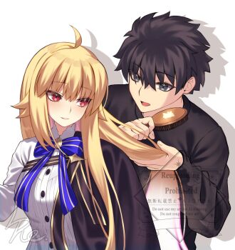 Rule 34 | 1boy, 1girl, ahoge, archetype earth, arcueid brunestud, black hair, black sweater, blonde hair, breasts, brushing hair, commentary, english commentary, fate/grand order, fate (series), highres, l4st resort, long hair, shirt, short hair, simple background, sweater, tohno shiki, tsukihime, upper body, white background, white shirt