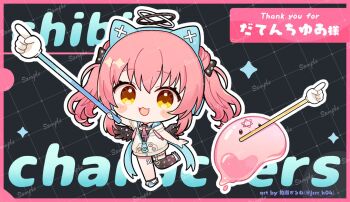 Rule 34 | 1girl, :3, :d, animal ear headphones, animal ears, black background, blush stickers, border, brown thighhighs, cat ear headphones, cat ears, character name, chibi, chibi only, commentary request, datenchi yua, double halo, fake animal ears, full body, grid background, halo, headphones, holding, holding pointer, indie virtual youtuber, jacket, kashiwase karune, looking at viewer, open mouth, partially unzipped, pink border, pink hair, pointer, shoes, short hair, single thighhigh, smile, solo, standing, standing on one leg, thighhighs, twintails, virtual youtuber, white jacket, white shoes, yellow eyes, yuakon (datenchi yua), zipper