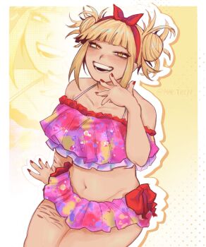 1girl bags_under_eyes bikini bikini_ribbon bikini_skirt blonde_hair blunt_bangs boku_no_hero_academia bow_hairband collarbone colored_shadow commentary double_bun english_commentary frilled_bikini frills hair_bun hairband highres invisible_chair looking_at_viewer martinevez messy_hair narrowed_eyes navel off-shoulder_bikini off_shoulder open_mouth pink_bikini red_hairband red_nails scar scar_on_arm scar_on_leg self-harm_scar shadow sidelocks signature sitting slit_pupils smile solo splatter_print swimsuit toga_himiko yellow_background yellow_eyes zoom_layer