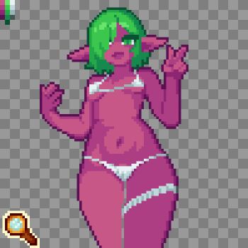 1girl bare_shoulders bikini breasts color_guide colored_skin female_goblin goblin green_eyes green_hair grey_background hair_between_eyes hair_over_eyes looking_at_viewer medium_breasts midriff monster_girl navel open_mouth original panties pixel_art ruvia_tan short_hair simple_background smile solo spyglass swimsuit thigh_strap underboob underwear underwear_only v white_background white_panties