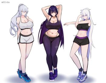 3girls alternate_breast_size_(larger) alternate_costume armpits arms_behind_head black_shorts black_sports_bra blue_eyes blue_shoes breasts bronya_zaychik bronya_zaychik_(silverwing:_n-ex) commentary drill_hair english_commentary eruda_erudia grey_eyes gym_shorts highres honkai_(series) honkai_impact_3rd huge_breasts kiana_kaslana large_breasts leggings long_hair midriff multiple_girls navel pants purple_eyes purple_hair purple_leggings purple_shoes raiden_mei raiden_mei_(apho) shoes shorts smile sports_bra twitter_username very_long_hair white_hair white_shoes white_shorts white_sports_bra yoga_pants