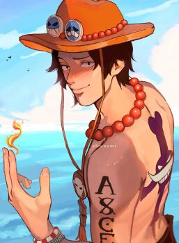 1boy alrunami arm_tattoo artist_name back_tattoo bare_shoulders bead_necklace beads black_hair blue_sky bracelet closed_mouth cloud cloudy_sky commentary devil_fruit_power english_commentary fire freckles hat highres horizon jewelry jolly_roger looking_at_viewer male_focus necklace ocean one_piece orange_hat outdoors portgas_d._ace short_hair sky smile solo tattoo topless_male upper_body whitebeard_pirates_jolly_roger