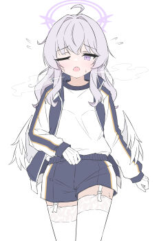 1girl absurdres blue_archive commentary_request flying_sweatdrops garter_straps gloves gym_uniform halo highres jacket long_hair long_sleeves looking_at_viewer mizusaki_(kn27) one_eye_closed open_clothes open_jacket open_mouth purple_eyes purple_hair running shirt shorts simple_background solo sweat tea_party_militant_(blue_archive) teeth thighhighs upper_teeth_only white_background white_garter_straps white_gloves white_shirt white_thighhighs white_wings wings