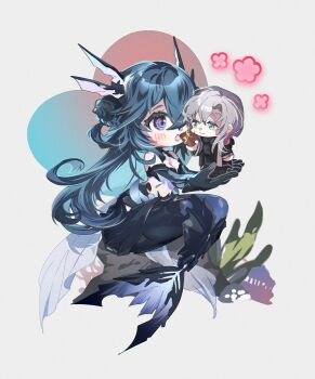 Rule 34 | 1girl, adhesive bra, ahoge, aqua hair, bare shoulders, black bra, black suit, blush, box, box of chocolates, bra, breasts, bridgeless bra, chibi, cleavage, commandant (pgr), commentary, crossed bangs, deformed, fins, flower, formal clothes, hair between eyes, hair ornament, head fins, lamia: lost lullaby (pgr), lamia (pgr), long hair, looking at another, looking to the side, mechanical arms, mechanical tail, medium breasts, mermaid, monster girl, on rock, open mouth, punishing: gray raven, ribbon, ringed eyes, seaweed, shell, shell hair ornament, shiraeda, simple background, sitting, suit, tail, underwear, untranslatable commentary, white background, white hair, yellow ribbon