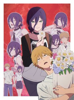 1boy 1girl black_choker black_shorts blonde_hair blush bouquet chainsaw_man choker closed_eyes collared_shirt commentary_request denji_(chainsaw_man) flower green_eyes hair_between_eyes hair_bun happy highres holding holding_flower holding_hands laughing necktie open_mouth pants purple_hair red_background reze_(chainsaw_man) ribbon shirt short_hair shorts simple_background single_hair_bun smile sweater upper_body white_shirt yasou0049