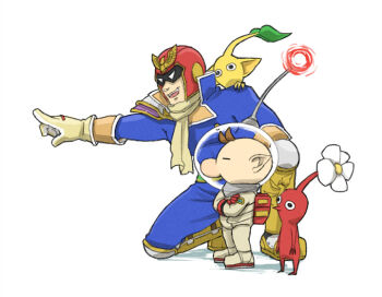 2boys arm_on_knee armor armored_boots backpack bag big_nose bird bird_hat_ornament black_eyes blue_bodysuit bodysuit boots bracelet brown_hair captain_falcon closed_eyes collared_bodysuit colored_skin covered_pectorals creature creature_on_shoulder crossed_arms expressionless f-zero flower from_side full_body gloves happy height_difference helmet high_collar jewelry knee_boots multiple_boys naru_(wish_field) nintendo olimar on_one_knee on_shoulder open_mouth pauldrons pectorals pikmin_(creature) pikmin_(series) pointing pointing_forward pointy_ears pointy_nose red_bag red_gloves red_helmet red_pikmin red_skin scarf short_hair short_male shoulder_armor simple_background single_pauldron smile space_helmet spacesuit super_smash_bros. teeth upper_teeth_only very_short_hair white_background white_flower yellow_boots yellow_gloves yellow_pikmin yellow_scarf yellow_skin