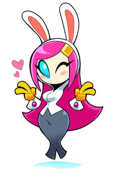 1girl 2025 alternate_breast_size_(larger) artist_name blush breasts closed_eyes commentary curvy double_v english_commentary female_focus floating gameplay_mechanics gloves hair_ornament hairclip heart highres kirby:_planet_robobot kirby_(series) kirby_air_ride kirby_air_riders long_hair medium_breasts nintendo one_eye_closed pink_hair rabbit_ears rayman_limbs robot scott_falco shadow sidelocks simple_background susie_(kirby) v wide_hips wink yellow_gloves