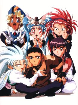 1990s_(style) 1boy animal animal_on_head black_eyes black_hair blonde_hair blue_eyes blue_hair blush cabbit dark-skinned_female dark_skin double_v earrings facial_mark fang forehead_mark freckles gloves green_eyes hairband hakubi_washuu hand_on_own_knee hat high_ponytail highres indian_style jewelry kuramitsu_mihoshi long_hair long_sleeves looking_at_viewer masaki_aeka_jurai masaki_sasami_jurai masaki_tenchi middle_finger multiple_girls non-web_source official_art on_head open_mouth outstretched_arms pink_eyes pointy_ears ponytail purple_hair purple_hairband red_eyes retro_artstyle ryou-ouki ryouko_(tenchi_muyou!) short_hair simple_background sitting smile spiked_hair stud_earrings tenchi_muyou! twintails v very_long_hair white_background white_gloves yellow_eyes