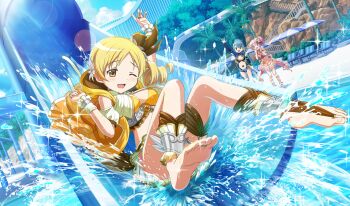 3girls ankle_bow ankle_ribbon arm_up artist_request back_bow bare_legs bare_shoulders barefoot beach_umbrella belt belt_buckle bikini bikini_skirt blonde_hair blue_bikini blue_eyes blue_gem blue_hair blue_shrug blue_sleeves blue_socks bow bowtie breasts brown_socks buckle cheering chest_jewel child choker cleavage cliff collared_shrug day detached_sleeves dot_nose dress drill_hair dutch_angle floating_clothes floating_hair flower frilled_anklet frilled_bikini frilled_choker frilled_wrist_cuffs frills full_body game_asset gem hair_bow hair_flower hair_ornament hands_on_own_cheeks hands_on_own_face happy hibiscus high_collar high_ponytail highleg highleg_bikini highres hood hood_down hooded_dress jewelry kaname_madoka kaname_madoka_(swimsuit_ver.) lace lace-trimmed_skirt lace_trim layered_bikini layered_sleeves leg_ribbon long_hair long_sleeves looking_ahead mahou_shoujo_madoka_magica mahou_shoujo_madoka_magica_(anime) mahou_shoujo_madoka_magica_magia_exedra miki_sayaka miki_sayaka_(surfer_ver.) miniskirt multiple_girls musical_note musical_note_print navel official_alternate_costume official_art one_eye_closed open_clothes open_dress open_mouth orange_gem outdoors over-kneehighs palm_tree pink_bow pink_bowtie pink_eyes pink_gem pink_hair pleated_skirt ponytail pool print_bikini puffy_short_sleeves puffy_sleeves railing red_belt red_choker ribbon ring sandals see-through_bow see-through_clothes see-through_skirt see-through_sleeves short_hair short_over_long_sleeves short_ponytail short_side_ponytail short_sleeves shrug_(clothing) side_ponytail single_over-kneehigh single_stripe single_thighhigh size_difference skirt sleeve_bow sleeveless sleeveless_dress sleeves_past_wrists sliding smile socks soles solo_focus splashing stairs stirrup_legwear stomach stomach_jewel striped_belt swimsuit tareme thigh_belt thigh_strap thighhighs third-party_source toe_ring toeless_legwear toenails toes tomoe_mami tomoe_mami_(swimsuit_ver.) tree umbrella water_slide waterpark waving wet white_bikini white_bow white_flower white_skirt white_sleeves white_wrist_cuffs wrist_cuffs yellow_belt yellow_bikini yellow_dress yellow_eyes