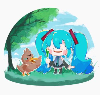 animated black_boots black_skirt black_sleeves blue_hair blue_necktie blush_stickers boots chibi chibi_only cloud collared_shirt day detached_sleeves ditto farfetch'd food full_body gen_1_pokemon grass grey_shirt hair_between_eyes hatsune_miku highres holding holding_food holding_spring_onion holding_vegetable leekspin_(meme) long_hair long_sleeves meme motion_lines necktie nintendo number_tattoo open_mouth outdoors outline pleated_skirt pokemon pokemon_(creature) shirt shoulder_tattoo skirt sleeveless sleeveless_shirt smile spring_onion standing tagme tattoo thigh_boots tie_clip transformed_ditto tree twintails vegetable video vocaloid white_outline wide_sleeves zucchinidraws