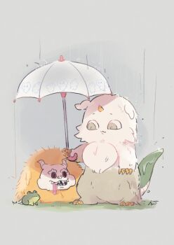 1other animal anoko_(chiikawa) character_print chibikemo chiikawa chiikawa_(character) commentary_request creature dekatsuyo_(chiikawa) frog full_body furry grey_background hachiware_(chiikawa) highres holding holding_umbrella horns looking_at_another nagasode_(nagasode0123) rain shared_umbrella simple_background single_horn standing transparent transparent_umbrella umbrella usagi_(chiikawa) wet