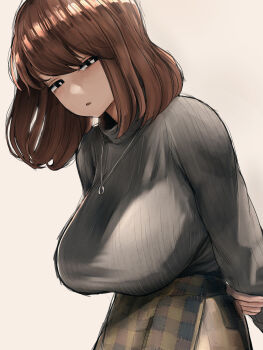 Rule 34 | 1girl, arm behind back, black eyes, black sweater, blush, breasts, brown hair, brown skirt, commentary request, grey background, highres, impossible clothes, jewelry, large breasts, leaning forward, long sleeves, looking at viewer, medium hair, mejikara scene, necklace, open mouth, original, simple background, skirt, standing, sweater, upper body