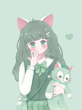 1girl animal_ears animification artist_request commentary_request duffy_and_friends gelatoni genderswap green_eyes green_hair green_skirt highres humanization long_hair looking_at_viewer non-web_source shirt skirt smile solo source_request standing stuffed_animal stuffed_toy