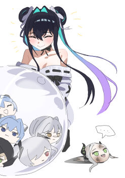 ... 1girl absurdres bubble character_doll cinderella_(nikke) doll goddess_of_victory:_nikke grave_(nikke) gretel_(nikke) hansel_(nikke) highres leviathan_(nikke) little_mermaid_(beautiful_bubble)_(nikke) little_mermaid_(nikke) mori_(nikke) official_alternate_costume official_alternate_hairstyle simple_background solo speech_bubble wge white_background