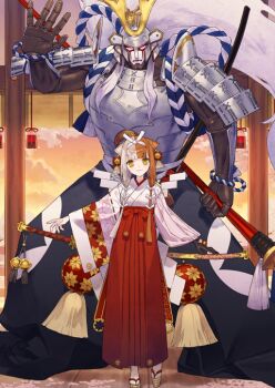 1girl armor asymmetrical_sleeves black_gloves blunt_bangs breasts closed_mouth double_bun fate/grand_order fate_(series) full_body game_cg gloves hair_bun hair_ornament hair_over_shoulder hairband hakama hakama_skirt helmet izumo_no_okuni_(fate) izumo_no_okuni_(second_ascension)_(fate) japanese_armor japanese_clothes kabuto_(helmet) katana kimono long_hair long_skirt long_sleeves looking_at_viewer low-tied_long_hair multicolored_hair noco_(adamas) nontraditional_miko official_art okobo orange_hair outstretched_arms platform_sandals puffy_long_sleeves puffy_sleeves red_hakama robot rope samurai sandals sheath sheathed shide shoulder_armor single_glove skirt smile socks sode sphere_hair_ornament split-color_hair standing sword tabi tassel third-party_source two-tone_hair variant_set weapon white_armor white_hair white_hairband white_kimono white_socks wide_sleeves zanzaburou_(fate)