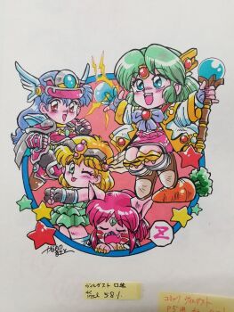 Rule 34 | 4girls, ;p, animal ears, armor, artist name, black gloves, blonde hair, blue eyes, blue gloves, blue hair, boots, bow, brown boots, carrot, cat ears, cat girl, chibi, chibi only, chris (villgust), circlet, closed eyes, closed mouth, coat, commentary request, dress, facial mark, fangs, fanna (villgust), feather hair ornament, feathers, fingerless gloves, fingernails, gloves, green dress, green hair, hair ornament, headpiece, highres, holding, holding staff, jewelry, kokomahi, kouryuu densetsu villgust, long hair, looking at viewer, low-tied long hair, medium hair, multiple girls, nail polish, neck ring, official art, one eye closed, open clothes, open coat, open mouth, pink nails, pink skirt, red eyes, red hair, remi (villgust), ryuquir (villgust), sharp fingernails, short hair, shoulder armor, skirt, sleeping, smile, speech bubble, spoken zzz, staff, star (symbol), teeth, tongue, tongue out, traditional media, upper teeth only, white bow, white coat, wing hair ornament, yellow nails, zzz