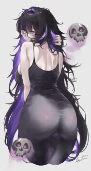 1girl ass black-framed_eyewear black_dress black_hair blush breasts colored_inner_hair cowboy_shot dress floating_skull from_behind glasses goddess_of_victory:_nikke hair_between_eyes hand_in_own_hair highres hii_(motorholic) label_(nikke) large_breasts long_hair looking_at_viewer median_furrow mojyo mole mole_on_back mole_on_breast multicolored_hair purple_eyes purple_hair purple_streaks shoulder_blades signature solo taut_clothes taut_dress two-tone_hair very_long_hair white_background