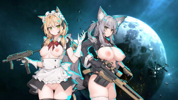 2girls animal_ear_fluff animal_ears asteroid black_gloves blonde_hair blush breasts breasts_out character_request cleft_of_venus commentary_request corset functionally_nude gloves gun highleg highres holding holding_gun holding_weapon large_breasts looking_at_viewer maid maid_headdress medium_breasts multiple_girls navel nipples planet pussy revealing_clothes rifle rimworld shrug_(clothing) skindentation skirt sniper_rifle space space_station spacecraft stmast submachine_gun tail thighhighs unconventional_maid weapon white_gloves white_thighhighs wolf_ears wolf_girl wolf_tail
