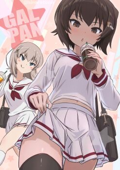 2girls :o bag black_thighhighs blue_eyes blush brown_eyes brown_hair bubble_tea drinking_straw ehirorotoon feet_out_of_frame girls_und_panzer grey_hair hair_ornament hairclip highres holding itsumi_erika jacket looking_at_another looking_at_viewer multiple_girls nishizumi_maho official_alternate_costume open_mouth red_sailor_collar sailor_collar school_bag school_uniform shirt short_hair skirt socks standing thighhighs tongue tongue_out white_shirt white_skirt white_socks