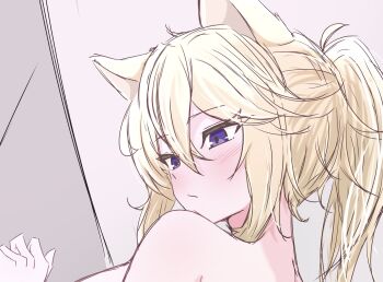 Rule 34 | 1girl, animal ears, blonde hair, breasts, cat ears, cat girl, closed mouth, commentary, hair between eyes, highres, kage no jitsuryokusha ni naritakute!, large breasts, long hair, nude, ponytail, purple eyes, ronron2439, solo, zeta (kagejitsu)