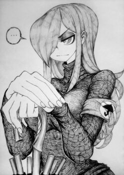 Rule 34 | ..., 1girl, absurdres, breasts, chronozbergh, closed mouth, commentary, english commentary, graphite (medium), hair over one eye, highres, large breasts, long hair, looking ahead, parasoul (skullgirls), skullgirls, solo, spoken ellipsis, standing, traditional media, umbrella, upper body, v-shaped eyebrows, white background