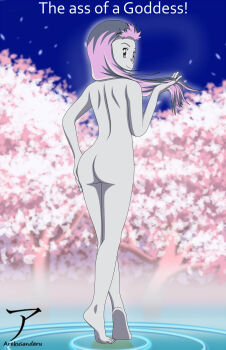 1girl arekkusudesu artist_name ass biomerge cherry_tree completely_nude digimon digimon_tamers english_text female_focus from_behind full_body highres loli long_hair looking_back makino_ruki matrix_evolution nude outdoors pink_hair profanity shiny_skin smile solo water